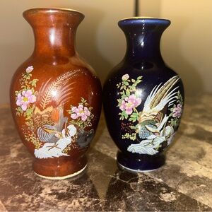 Elegant Vintage Japanese Ceramic Vase Set - Brown and Blue